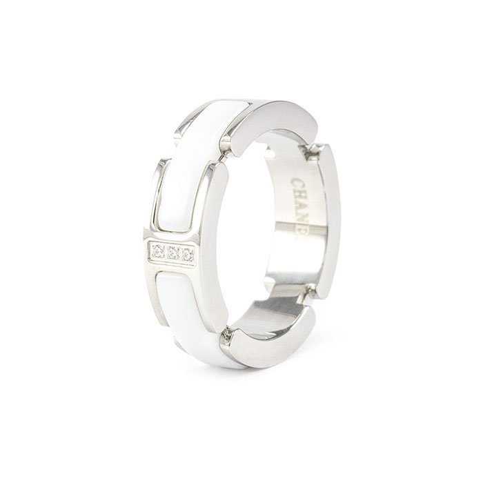 Кольцо керамическое в стиле Chanel бело-серебряное Арт. RN018CR