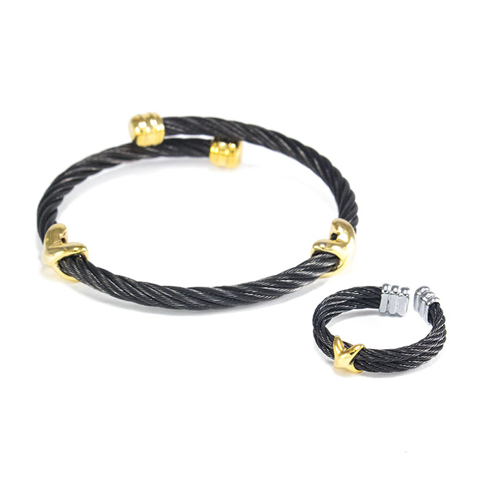 Браслет + кольцо из жгутов черные с золотистыми вставками Арт. BS096SL