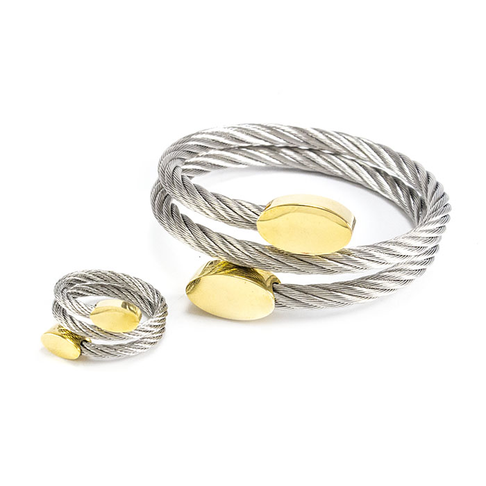 Браслет + кольцо из жгутов с золотистыми вставками серый Арт. BS076SL