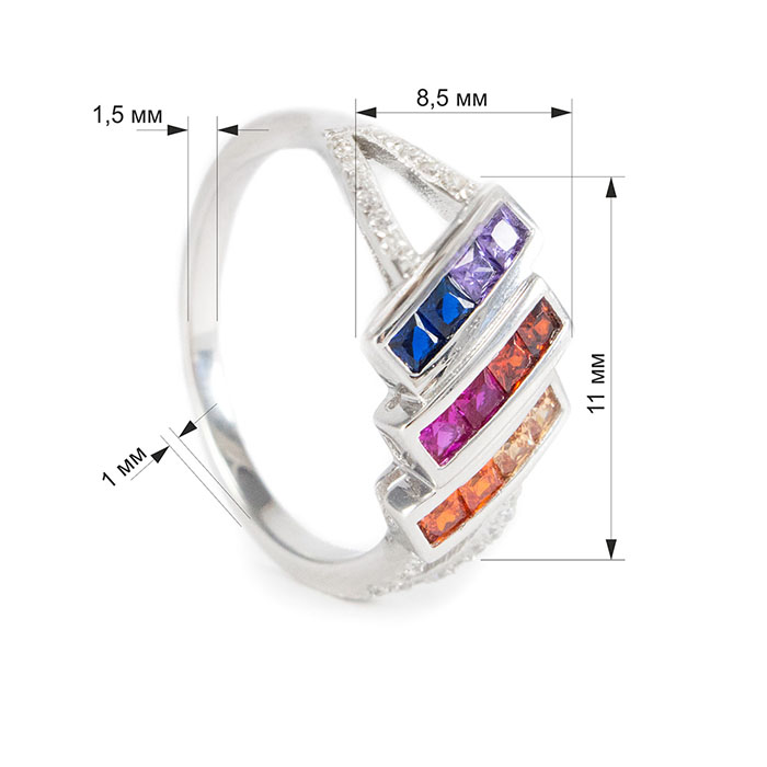 Серебряное кольцо с тремя полосами разноцветных фианитов Арт. RN012SV