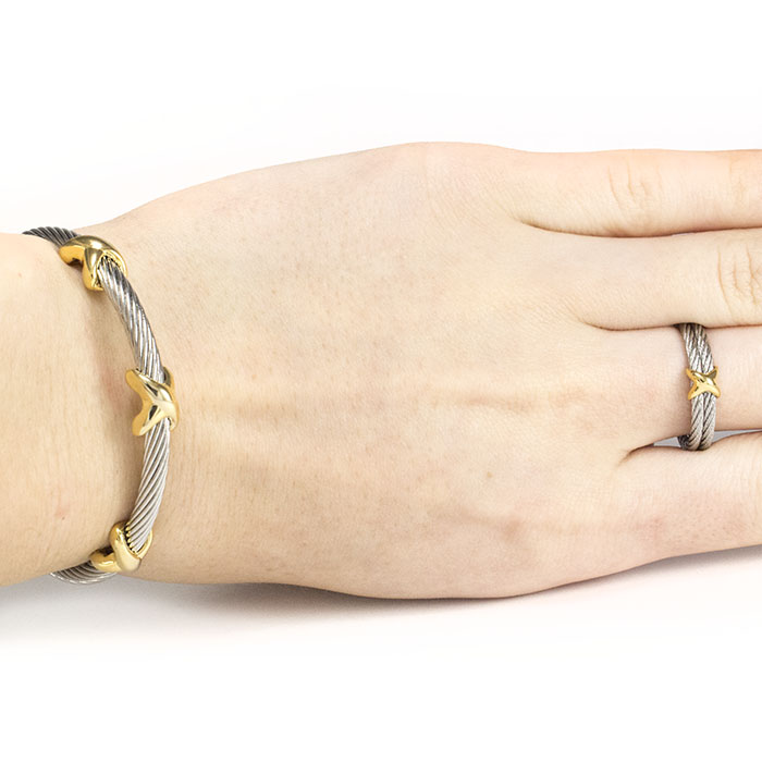 Браслет + кольцо из жгутов серебристые с золотистыми вставками Арт. BS095SL