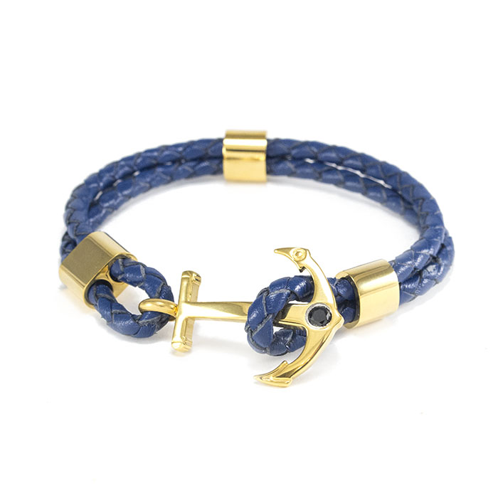Кожаный браслет Якорь синий с золотистыми вставками Арт. BS062LR