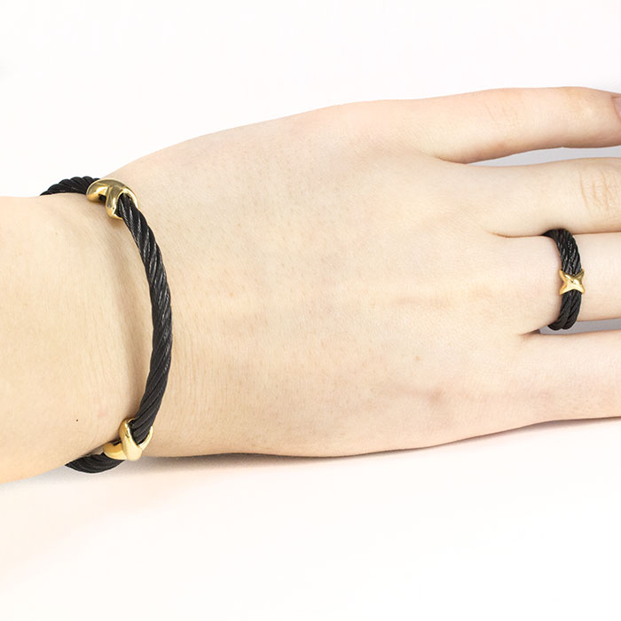 Браслет + кольцо из жгутов черные с золотистыми вставками Арт. BS096SL