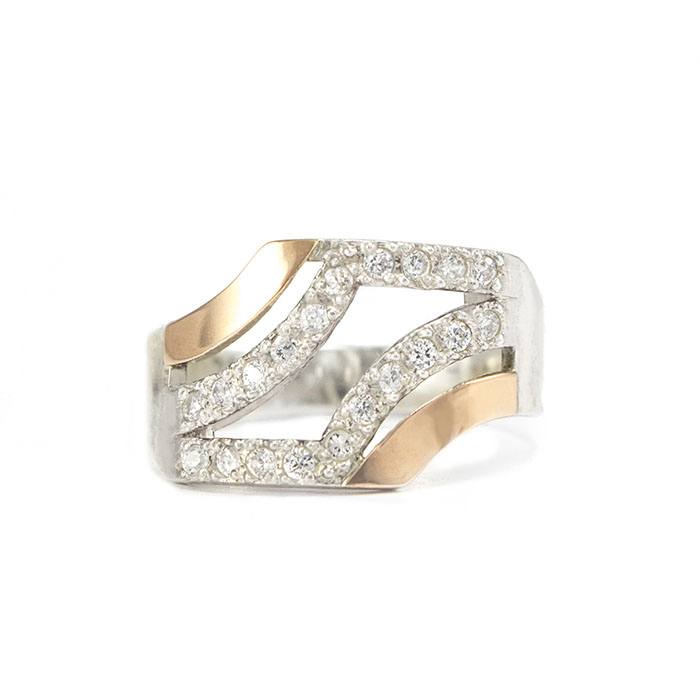 Серебряное кольцо с золотыми вставками и фианитами Арт. RN014SV