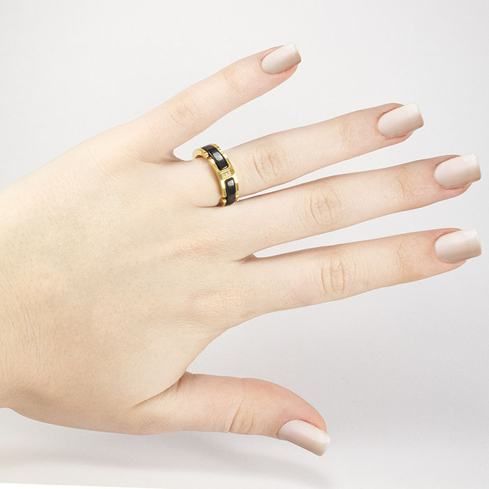 Кольцо керамическое в стиле Chanel черно-золотое Арт. RN019CR