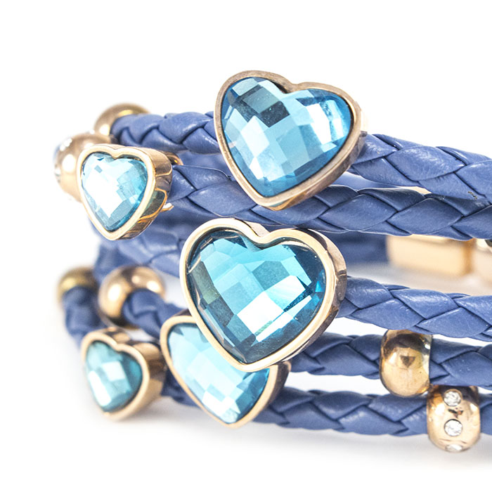 Кожаный браслет со вставками Сердечки синий Арт. BS057LR