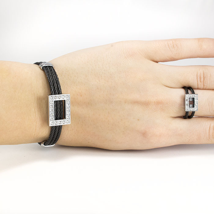 Браслет + кольцо из жгутов с серебристым прямоугольником Арт. BS043SL