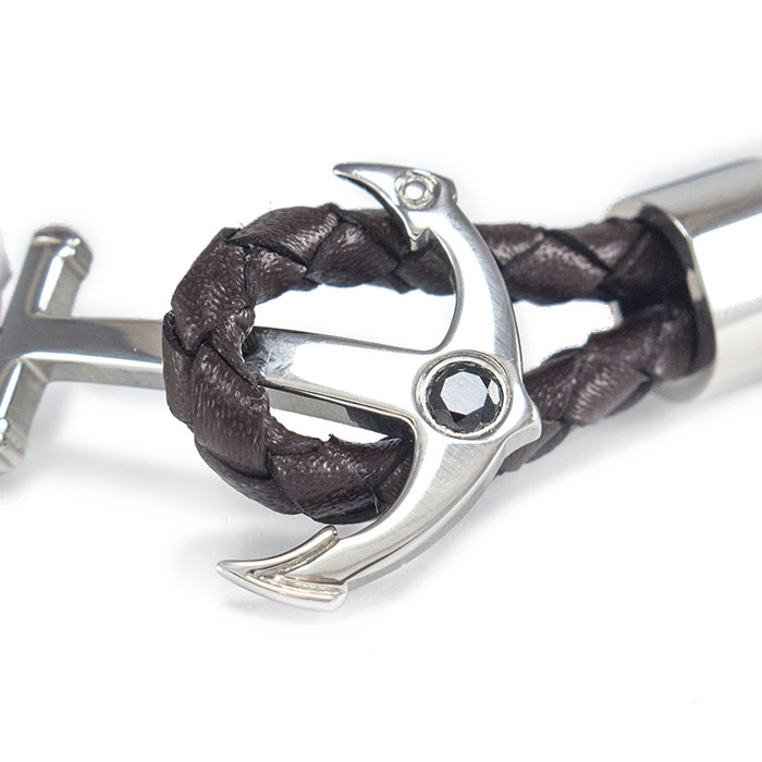 Кожаный браслет Якорь темно-коричневый с серебристыми вставками Арт. BS059LR