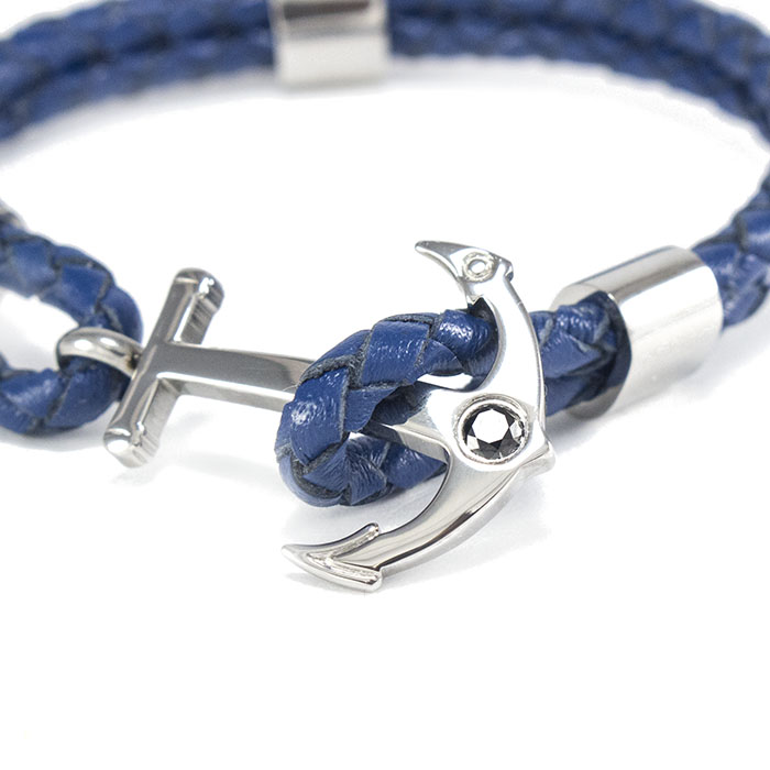 Кожаный браслет Якорь синий с серебристыми вставками Арт. BS061LR