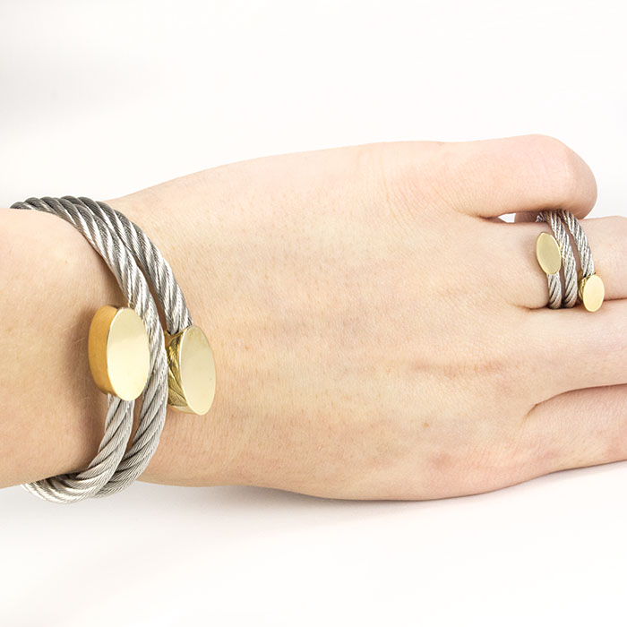 Браслет + кольцо из жгутов с золотистыми вставками серый Арт. BS076SL